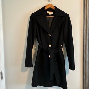 Michael Kors Black Belted Wool Blend Trench Coat with Gold Buttons
